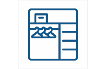 Line icon of a closet organizer with a hanging rod and shelving on a blue background.