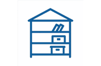 Line icon of a house with built-in shelves and drawers, suggesting home storage, on a blue background.